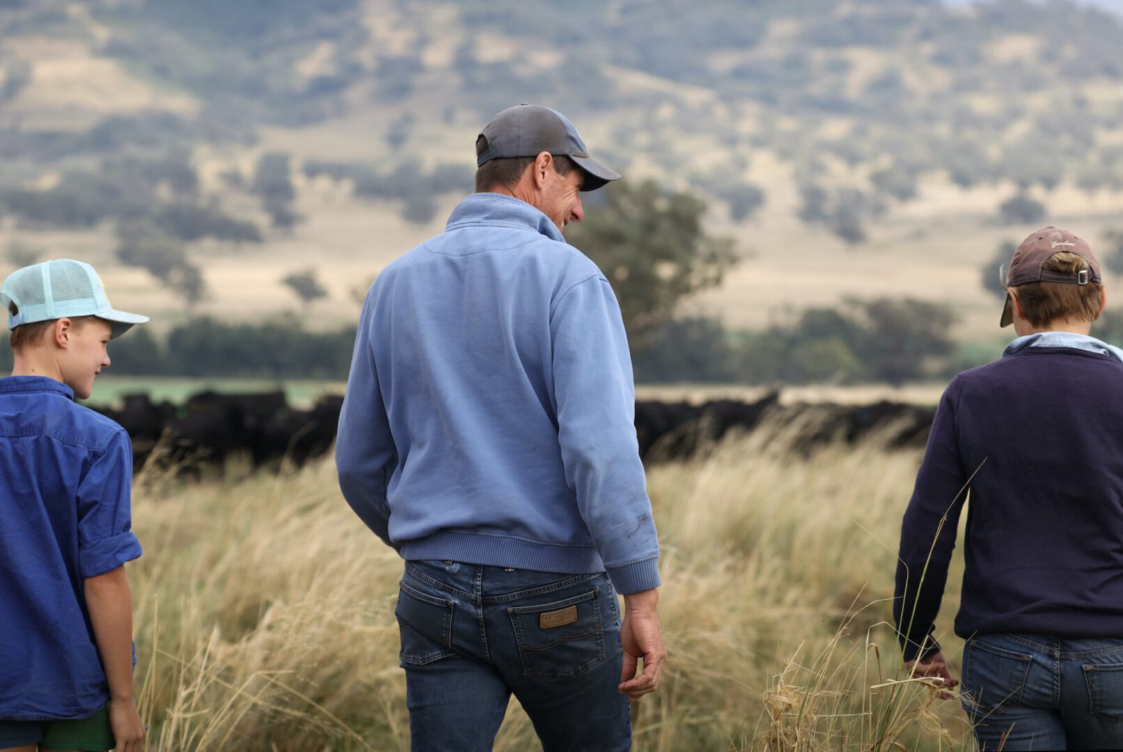 Family with Angus cattle in background